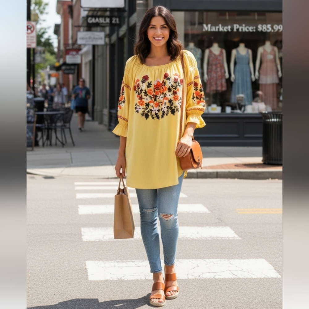South Main Women's Embroidered Baby Doll Blouse Yellow Cotton Floral Shirt SzXL